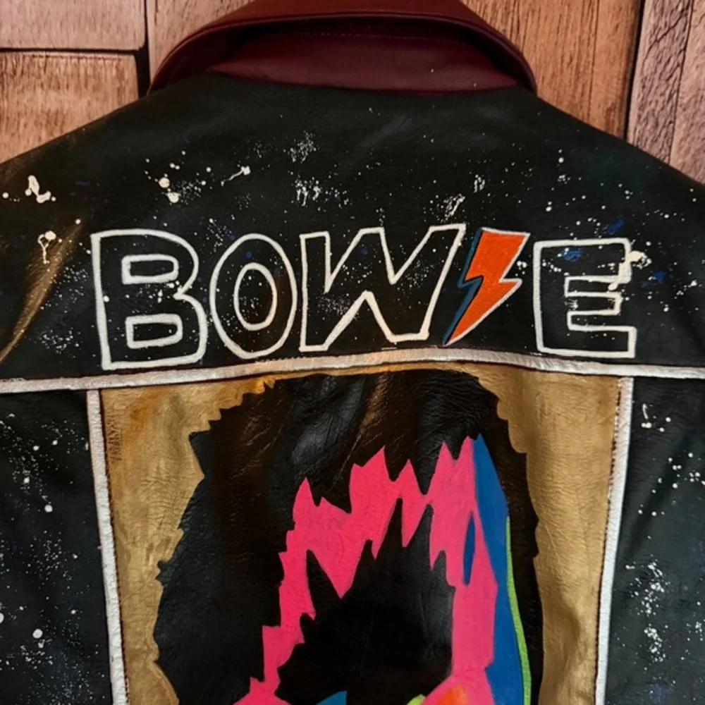 David Bowie‎ Custom Moto Jacket Hand Painted Rock Glam Statement Festival Size M